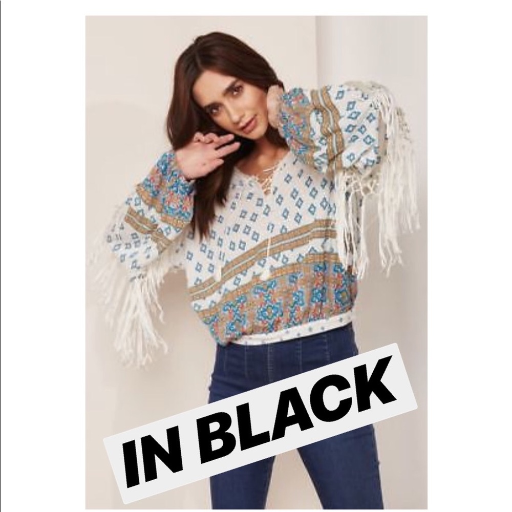 Free People Fringe Print V-neck Long Sleeve Blouse - Picture 2 of 6
